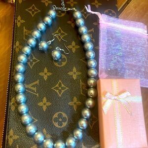 Pearl Necklace Faux Large Grey with Matching Earrings NEW!